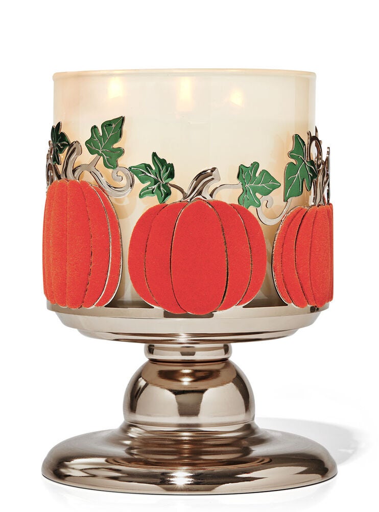 Pumpkins & Leaves Pedestal 3Wick Candle Holder Bath and Body Works