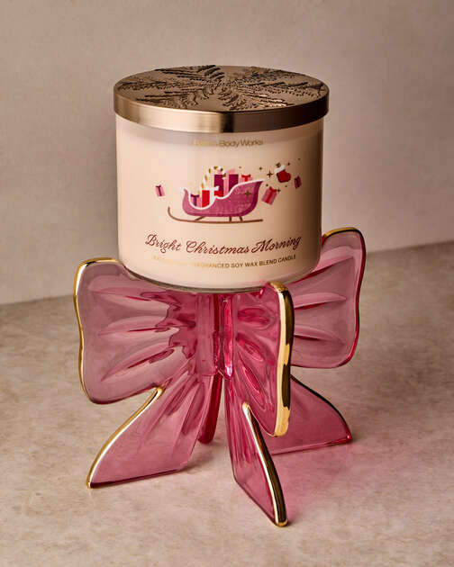 Pink Glass Bow Pedestal 3-Wick Candle Holder