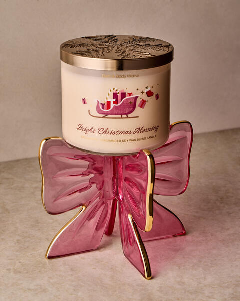 Pink Glass Bow Pedestal 3-Wick Candle Holder