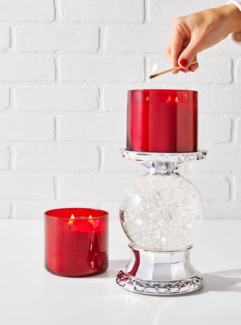 Water Globe Snowflake Pedestal 3-Wick Candle Holder