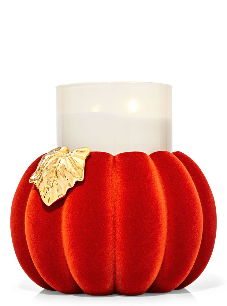 Orange Flocked Pumpkin Pedestal 3-Wick Candle Holder