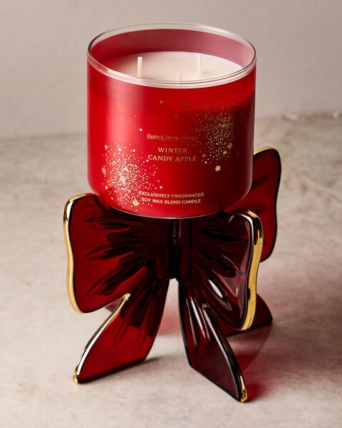 Red Glass Bow Pedestal 3-Wick Candle Holder