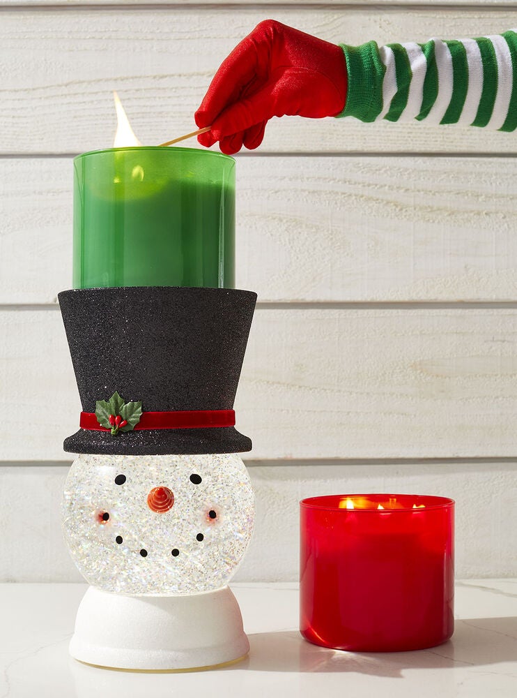 Water Globe Snowman Pedestal 3Wick Candle Holder Bath and Body Works