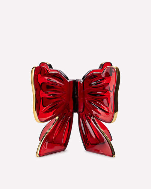 Red Glass Bow Pedestal 3-Wick Candle Holder