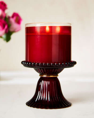 Maroon Glass Pedestal 3-Wick Candle Holder