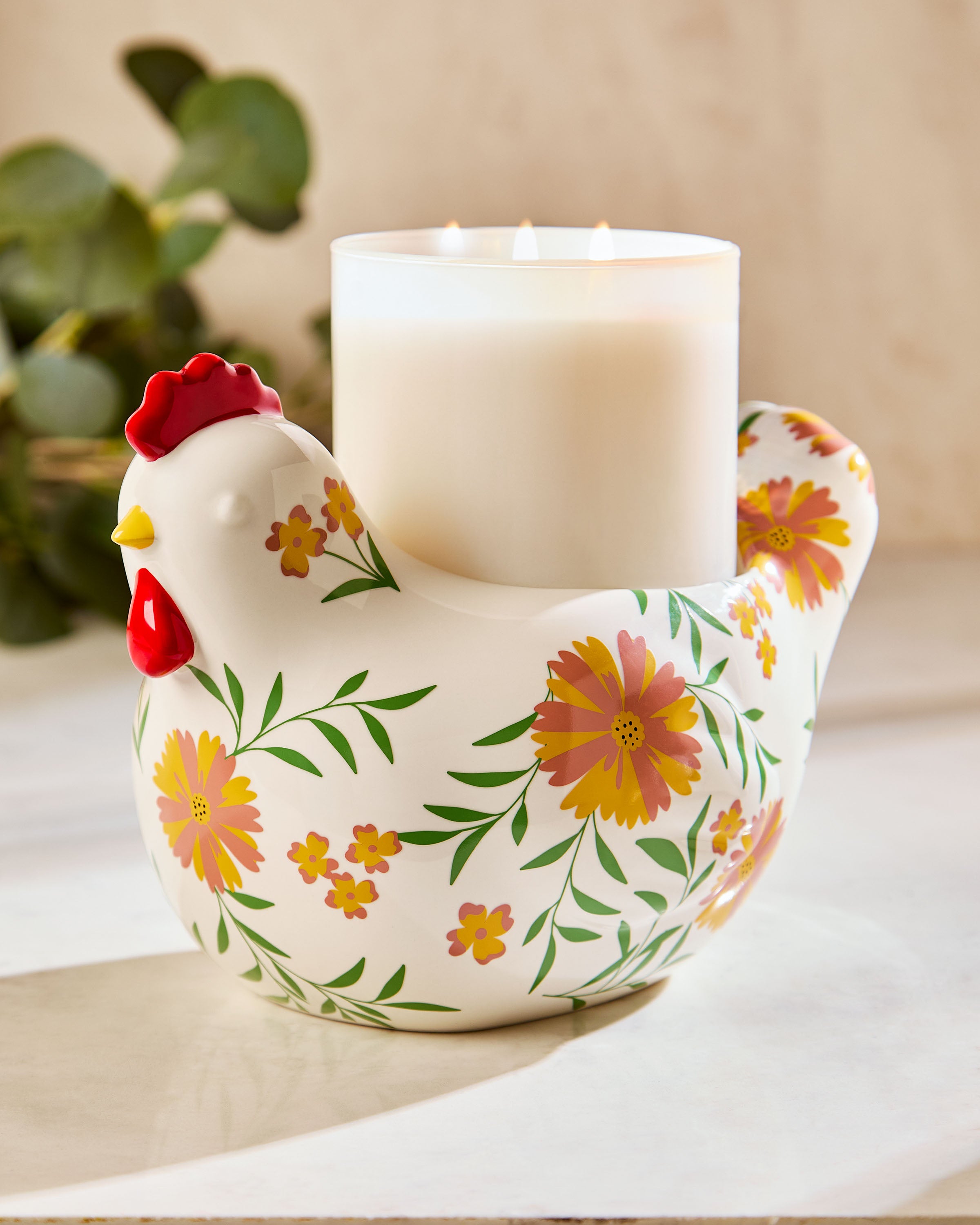 Floral Chicken Pedestal 3-Wick Candle Holder