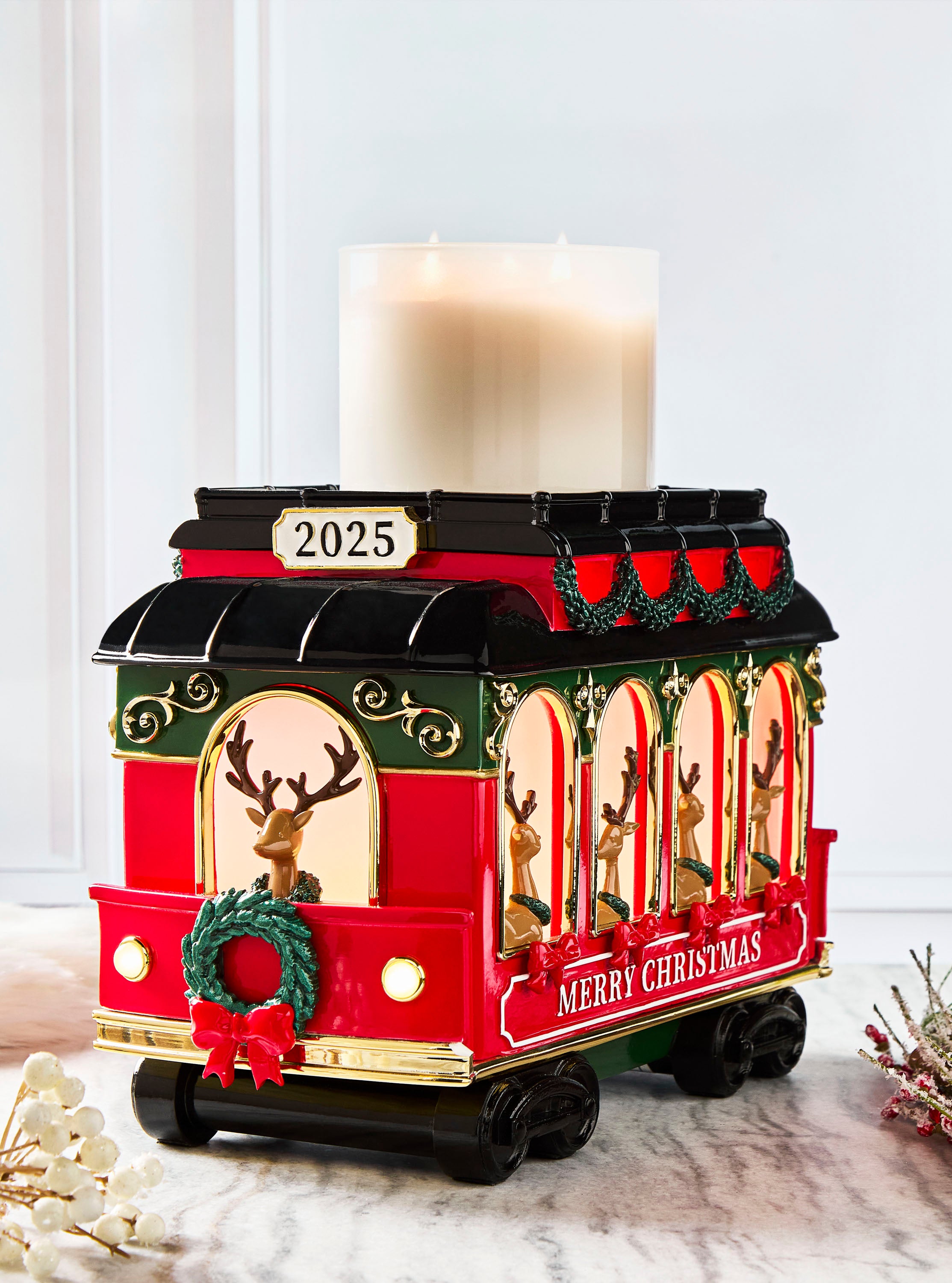 Trolley Light-Up Pedestal  3-Wick Candle Holder
