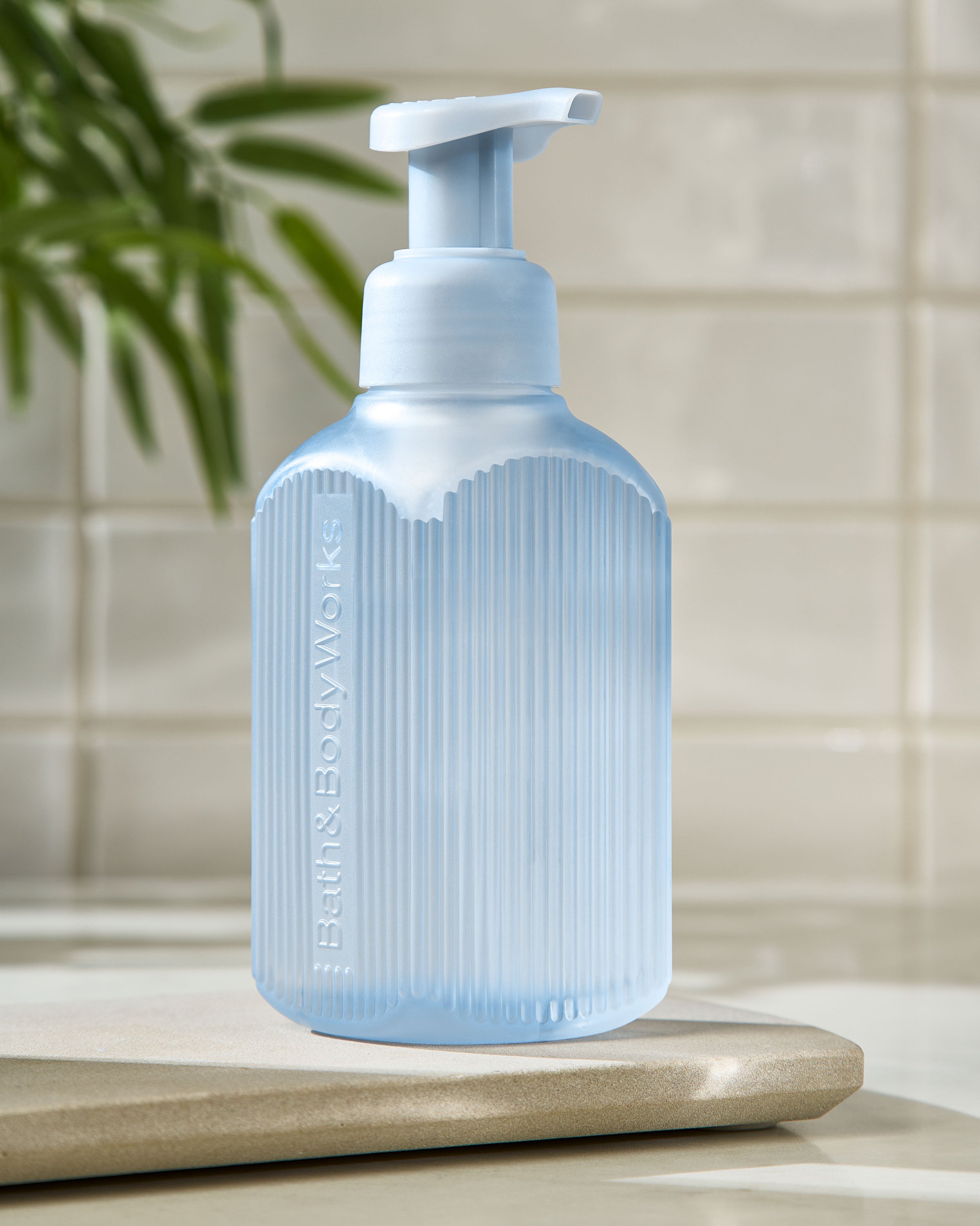 Light Blue Ribbed Glass Gentle & Clean Foaming Hand Soap Dispenser