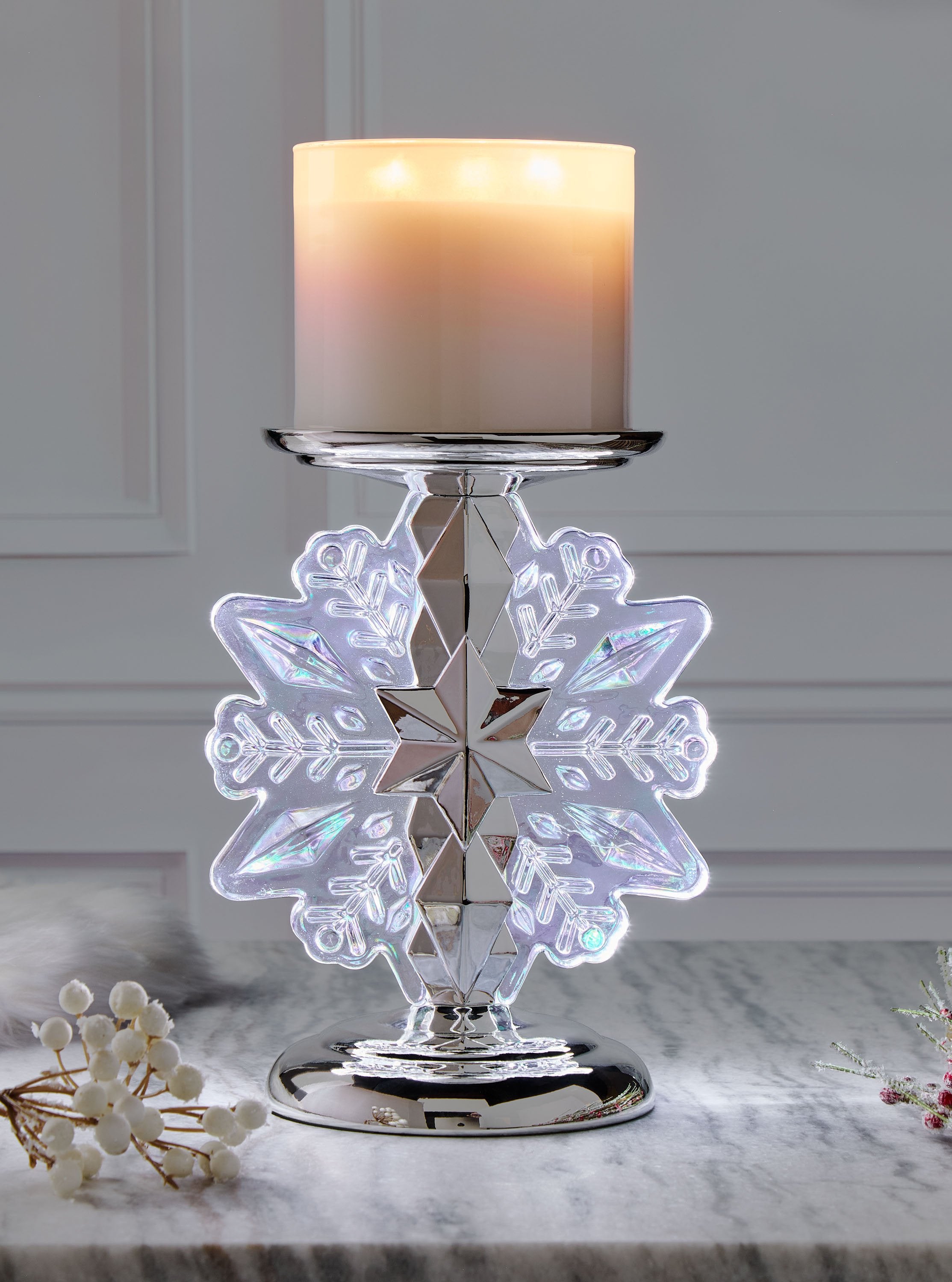 Snowflake Light-Up Pedestal 3-Wick Candle Holder
